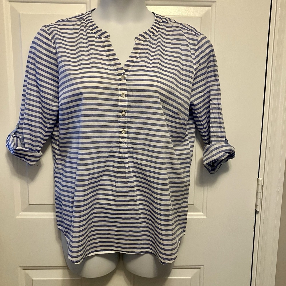 Grand & Greene Sz Large Blue White 1/2 Button Top V-Neck Nautical Stripes Womens